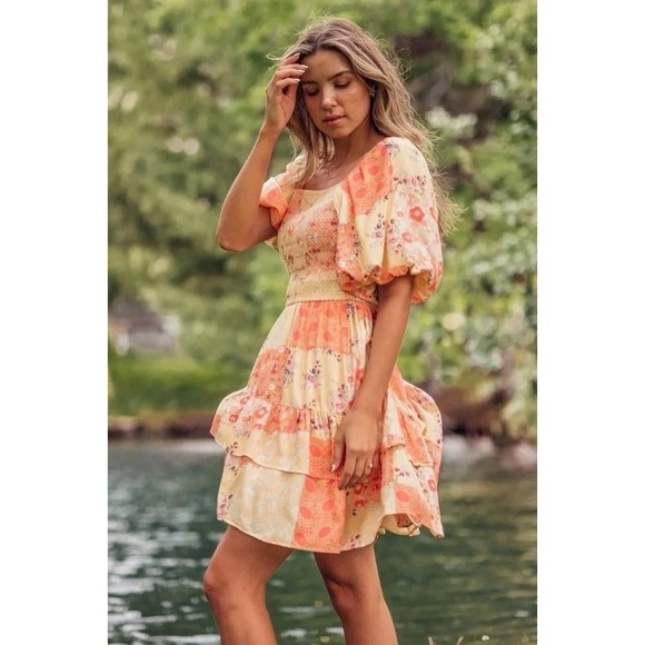 JessaKae Dresses & Skirts - JessaKae Tweedle Dee Mini Dress L Floral Patchwork Smocked Puff Sleeve Boho NWT